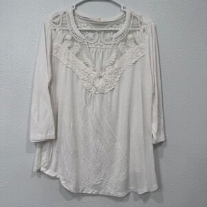 Adiva Womens White Lace Yoke 3/4 Sleeve V-Neck Top Size Large Boho Slub Knit